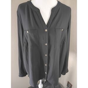 Susan Graver Button Up Top Black Sz 18W Roll Tab Sleeve Classic Office